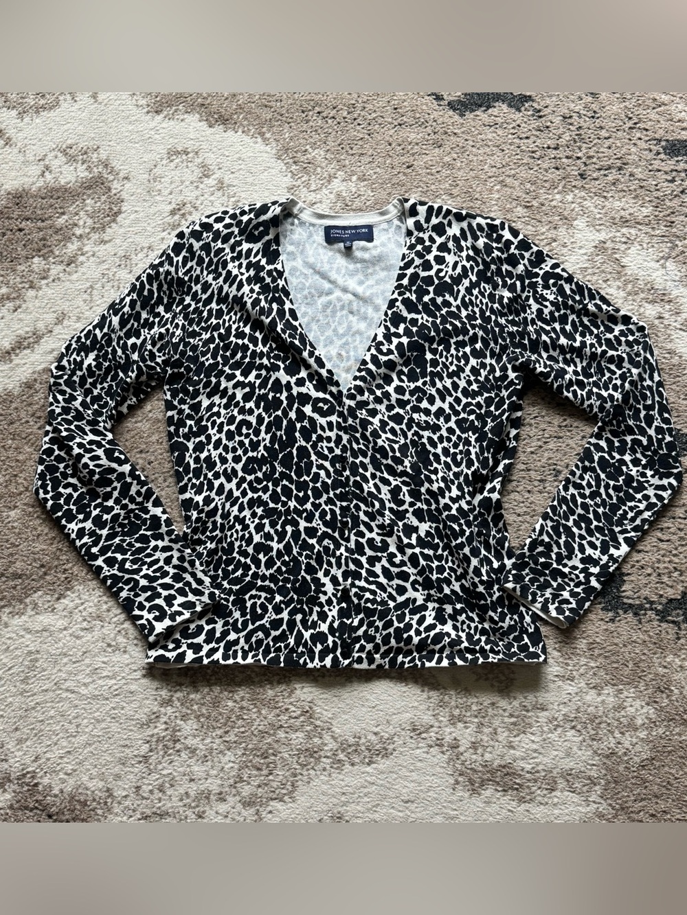 Jones New York Black and White Silk Blend Leopard-Print V-Neck Button Sweater
